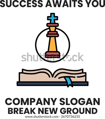A black and white image of a chess board with a king and a book. The text reads "Success awaits you" and "Company slogan" in white