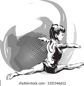 Black and white image of a child involved in gymnastics. Gymnastic splits. Vector drawing by hand.