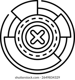 Uma imagem em preto e branco de um círculo com um X no meio. O X é cercado por uma série de linhas, e o círculo é dividido em seções. A imagem tem uma sensação misteriosa e intrigante