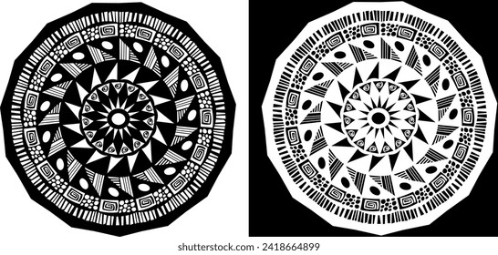 A black and white image of a circular design on a black and white background. Black and  white mandala in vector on black and white background 