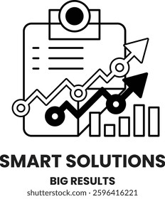A black and white image of a clipboard with a graph on it. The graph has arrows pointing to the right and the word "smart solutions" is written below it