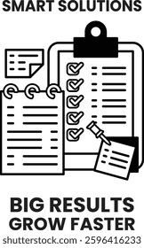 A black and white image of a clipboard with a list of items on it. The clipboard is surrounded by a white background. The image is titled "Smart Solutions"