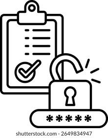 A black and white image of a clipboard with a lock on it. The clipboard has a check mark on it, indicating that it has been completed. The lock on the clipboard represents the idea of security