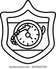 A black and white image of a clock with a white arrow pointing to the right. The clock is surrounded by a shield and the shield is also black and white