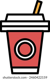 A black and white image of a coffee cup with a straw in it. The cup is empty and has a white circle in the middle