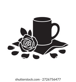 Ein schwarz-weißes Bild einer Kaffeetasse mit Rosen und Blütenblättern