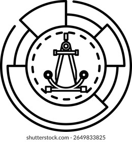 A black and white image of a compass with a circle around it. The compass is pointing to the right