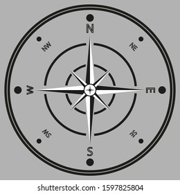 Black and white image of a compass in a flat rear. Isolated on gray background. Vector illustration