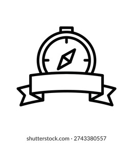 A black and white image of a compass with a ribbon banner