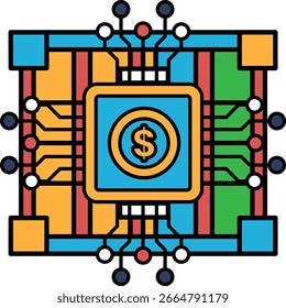 Uma imagem em preto-e-branco de um chip de computador com um cifrão. Conceito de dinheiro e tecnologia unidos