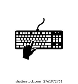 A black and white image of a computer keyboard with a hand pressing a key, likely indicating a computer-related action or input.