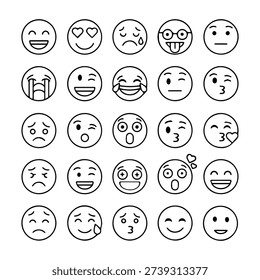 a black and white image containing a grid of 25 different emoticon faces, each with a unique expression or emotion, on a plain white background