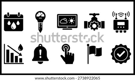 a black and white image containing a set of 10 icons including a battery, thermometer, computer monitor, valve, antenna, graph, bell, finger pointing to a circle, flag, and a gear with a checkmark