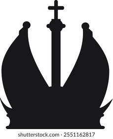 A black and white image of a crown with a cross on top
