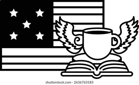 A black and white image of a cup and a book with a flag in the background. The cup and book are placed on top of an open book, and the flag is in the background