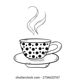 Black and white image of a cup of hot tea. Vector illustration. Service