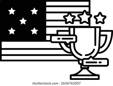 A black and white image of a cup with three stars on it and a flag with stars on it