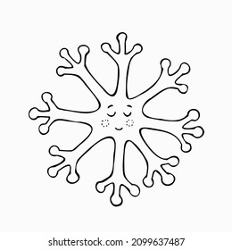 Black and white image of a cute smiling snowflake. Drawn vector illustration for children's coloring pages, postcards, Christmas decorations