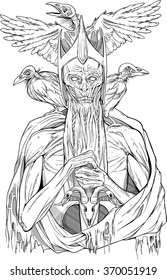 black and white image of dead king with birds