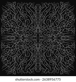 A black and white image of a Decorative ornament with many branches and leaves. The image is abstract and has a sense of movement and energy