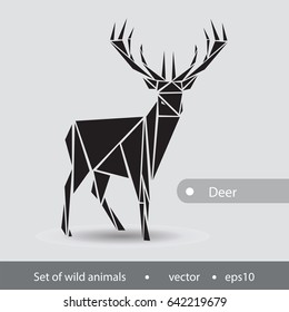 Black and white image of a deer. The buck of a deer with branched horns made in a flat Graphics. 