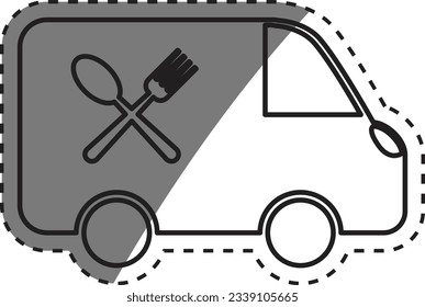 a black and white image of a delivery truck with a fork and knife