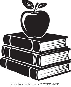 Una Imagen en blanco y negro que representa una manzana equilibrada sobre una pila de libros.