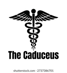 A black and white image depicting the caduceus symbol with text below