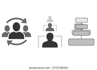 A black and white image depicting human interaction, communication, and organizational structure through various silhouettes and flowcharts