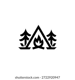 Uma imagem em preto e branco que representa um contorno de montanha e árvore com uma fogueira no interior.