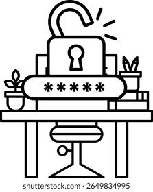 A black and white image of a desk with a laptop and a keypad. The keypad has a lock on it and the laptop is open. The desk is cluttered with books, a chair, and a potted plant