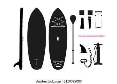 Black and white image of a detailed set of equipment for SUP boarding