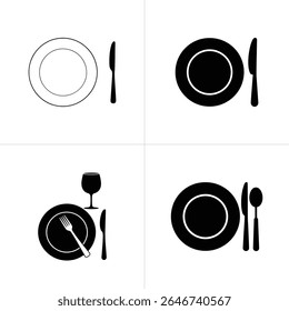 Black and white image displaying four variations of table settings featuring plates, knives, forks, spoons, and a wine glass, showcasing different dining arrangements.