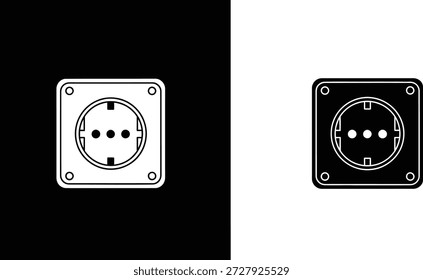 A black and white image displays two power sockets, one white on black and one black on white, both showcasing a single-phase AC power outlet illustration.