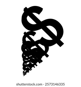 Black and white image of a dollar sign with a spiral of smaller dollar signs. Concept of chaos and disorder, as the smaller dollar signs are scattered and overlapping with the larger one