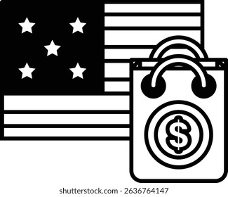 A black and white image of a dollar sign and a bag with stars on it. The dollar sign is on the right side of the bag