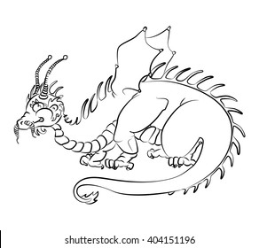 black and white image of a dragon - suitable for a child's coloring, and not only