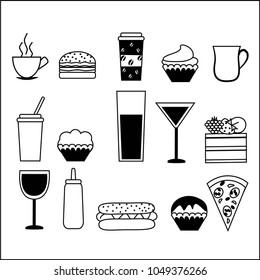 Black and white image of drinks and fast food on a white background. Vector illustration