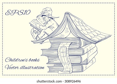 Black and white image of a dwarf sitting on a roof of house and readign book