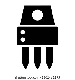Black and white image of electronic component with pins and rectangular body