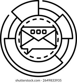 A black and white image of an envelope with a speech bubble inside. The envelope is surrounded by a circle and has three dots on it