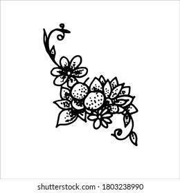 
ethnisches Muster aus schwarz-weißem Bild mit Äpfeln. Design von Tätowierung, Logo, Druck, Postkarte.