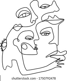 Black and white image of the faces of a man and a woman in the style of cubism. Free hand drawing, one line. For printing on cards, fabrics, logo. Isolated on a white background.