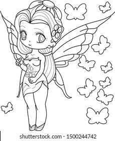 Black and white image of a fantasy fairy girl with wings, Outlined on white background for  kids coloring book, vector illustration.