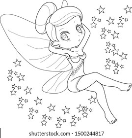 Black and white image of a fantasy fairy girl. Vector illustration. Outlined on white background for  kids coloring book.