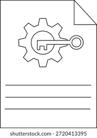 Black and white image features a gear key document outline and lines for writing
