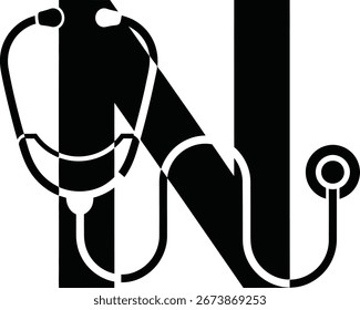 Una Imagen en blanco y negro presenta un estetoscopio entrelazado con la letra N, que simboliza la enfermería.