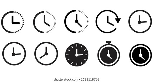 La Imagen en blanco y negro presenta diez íconos de tiempo y reloj, cada uno único con variaciones en las agujas, las marcas de garrapatas y el estilo, que ofrecen una representación diversa del tiempo.