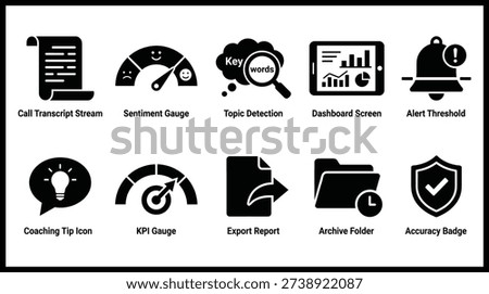 a black and white image featuring 12 icons representing different business and productivity concepts such as call tracking metrics, sentiment analysis, and data reports