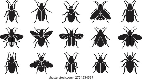 Una Imagen en blanco y negro con 15 siluetas de insectos diferentes dispuestas en tres filas
